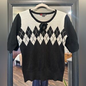 Hell Bunny Black & White Argyle Knit Short Sleeved Sweater